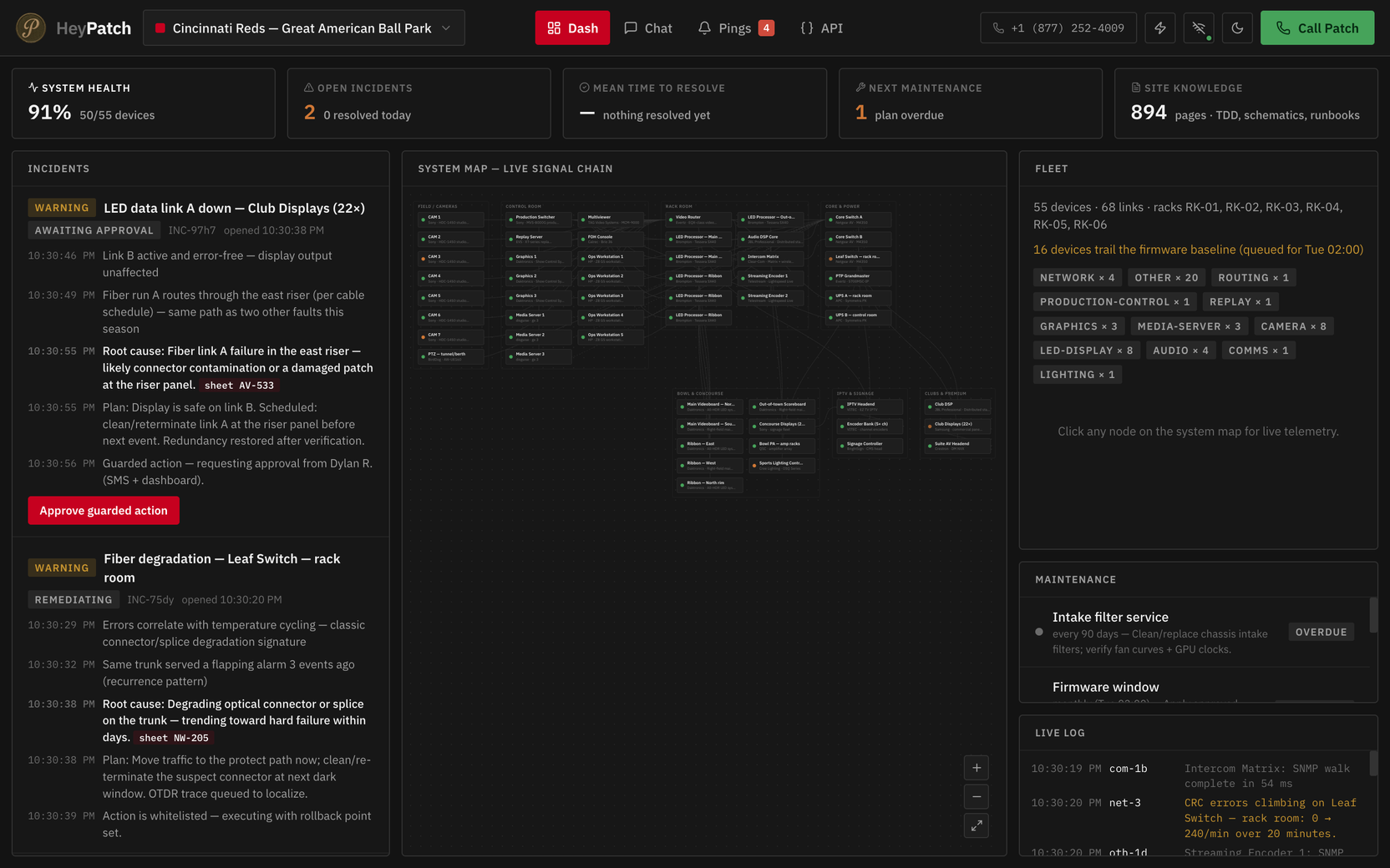 Patch dashboard: two open incidents with root causes citing drawing sheets AV-533 and NW-205, a guarded action awaiting approval, live system map and fleet state for a ballpark